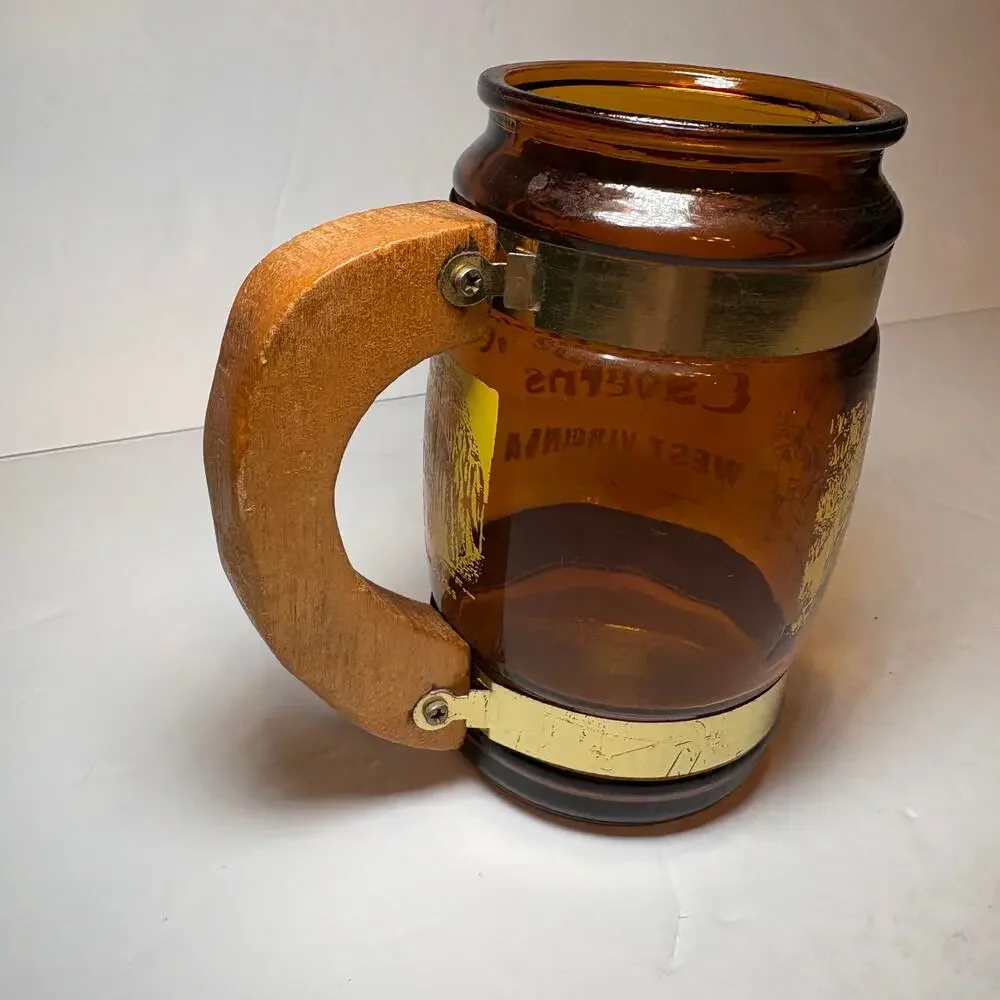 Vintage Smoke Hold Caverns West Virginia Souvenir Brown Glass Barrel Mug Wood